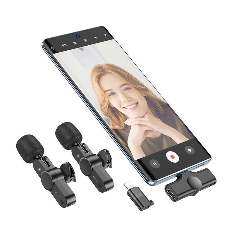 Фото Уцінка Петличний бездротовий мікрофон Borofone BFK12 Trophy lavalier Lightning/Type-C (Розкрита упаковка / Black) в маназині vchehle.ua
