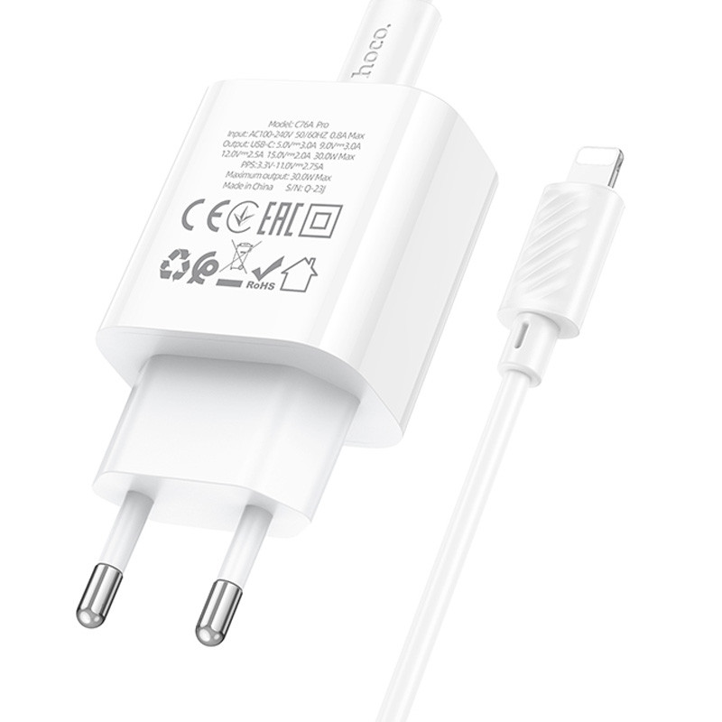 Фото МЗП Hoco C76A Pro Majestic PD30W (1USB-C) + кабель Type-C to Lightning (White) в маназині vchehle.ua