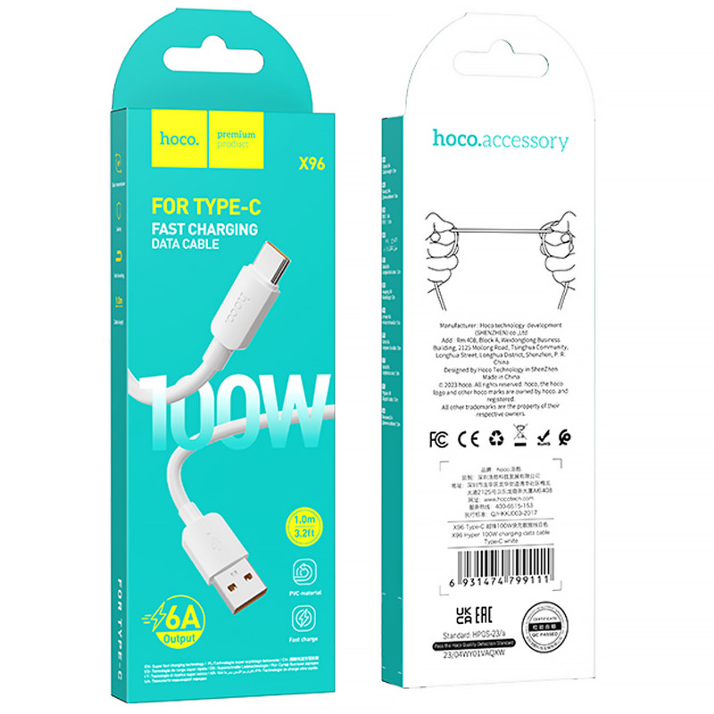 Дата кабель Hoco X96 Hyper USB для Type-C 100W (1m) (White) в магазині vchehle.ua