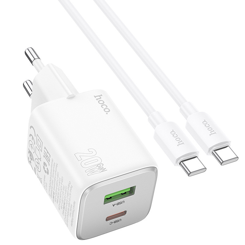 Фото СЗУ Hoco N41 Almighty PD20W+QC3.0 (1USB-A/1C) + кабель Type-C to Type-C (White) в магазине vchehle.ua