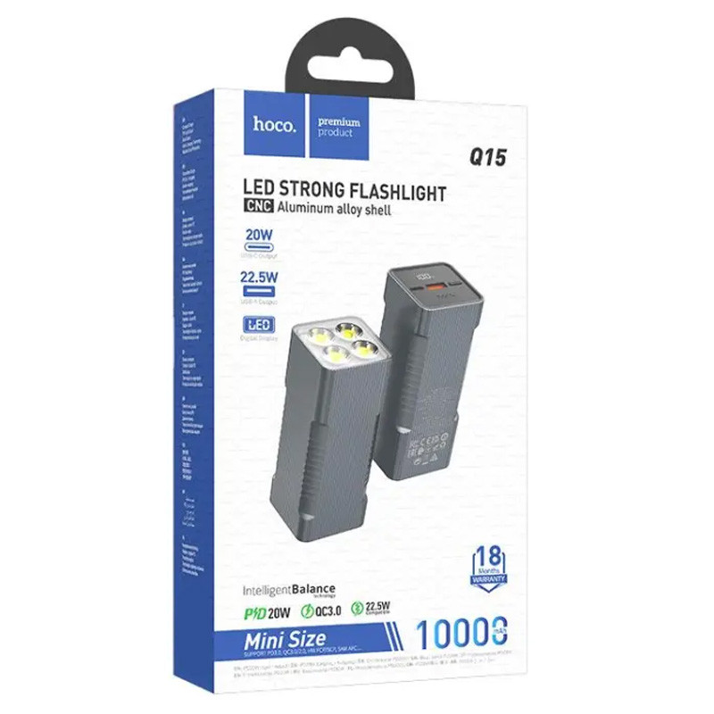 Портативное зарядное устройство Power Bank Hoco Q15 Flashlight 22.5W 10000 mAh (Metal gray) в магазине vchehle.ua