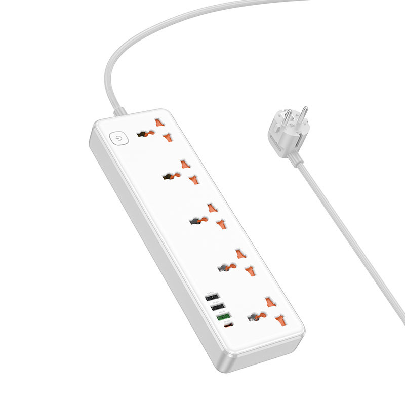 Фото Подовжувач Hoco AC14A Rico PD30W (3USB-A/1C/5xSocket) (1.5m) (White) в маназині vchehle.ua