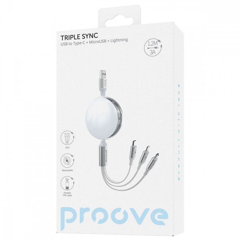 Фото Дата кабель Proove Triple Sync USB to 3in1 (1.2m) (White) на vchehle.ua