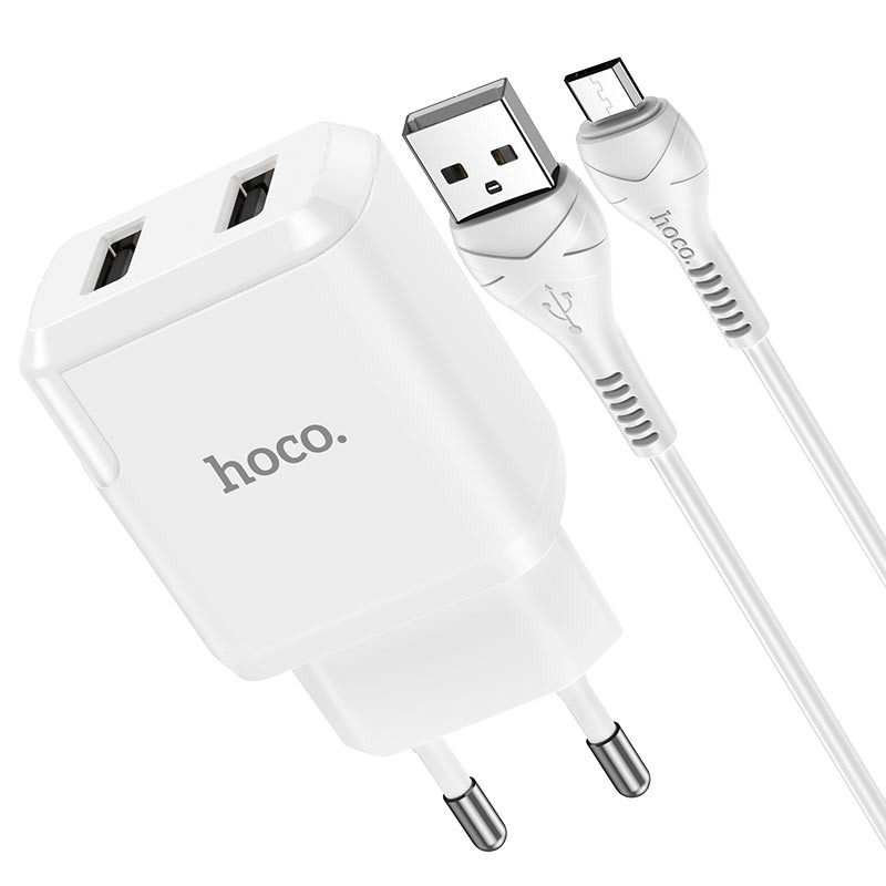 Фото МЗП Hoco N7 Speedy 2.1A (2USB-A) + кабель USB to MicroUSB (Білий) на vchehle.ua