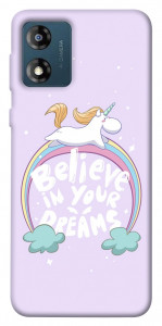 Чохол Believe in your dreams unicorn для Motorola Moto E13