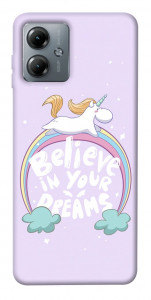 Чехол Believe in your dreams unicorn для Motorola Moto G14