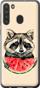 Чехол на Samsung Galaxy A21 Енотик с арбузом 4605u-1841 (Серый)