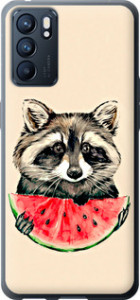 Чехол на Oppo Reno6 5G Енотик с арбузом 4605u-2651 (Серый)
