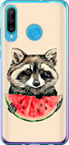 Чехол на Huawei P30 Lite Енотик с арбузом 4605u-1651 (Сірий)