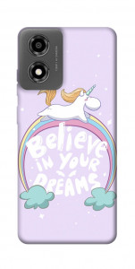 Чохол Believe in your dreams unicorn для Motorola Moto E14