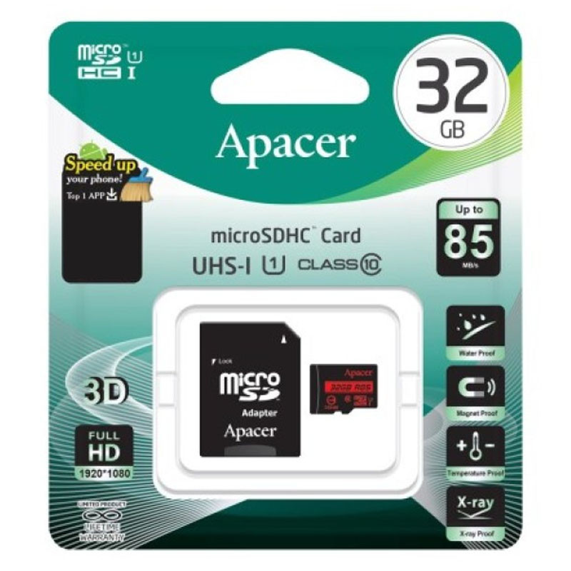 Фото Карта пам'яті Apacer (UHS-1, V10, A1, R100MB/s) microSDHC Class 10 - 32GB (с адаптером) (Black) на vchehle.ua