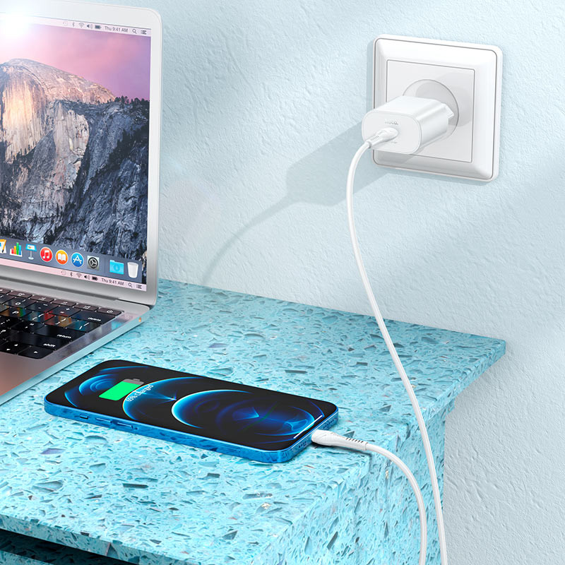 Купить СЗУ Hoco N22 Jetta PD25W (1USB-C) + кабель Type-C to Lightning (Белый) на vchehle.ua