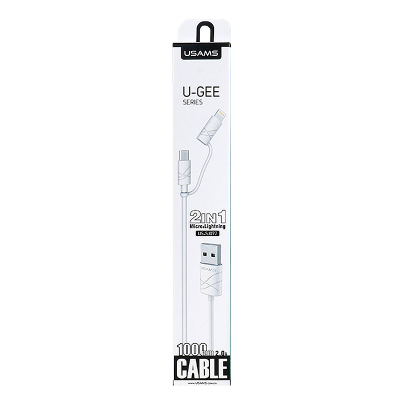 Фото Дата кабель Usams US-SJ077 2in1 U-Gee USB to Micro USB + Lightning (1m) (Белый) на vchehle.ua