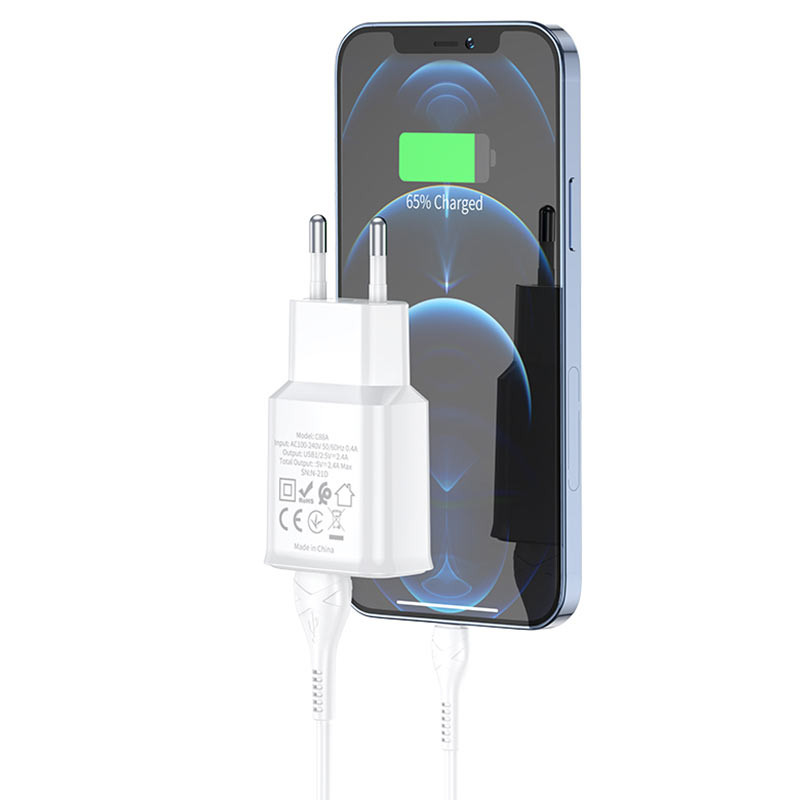 СЗУ Hoco C88A Star round 2.4A (2USB-A) + кабель USB to Lightning (Белый) в магазине vchehle.ua