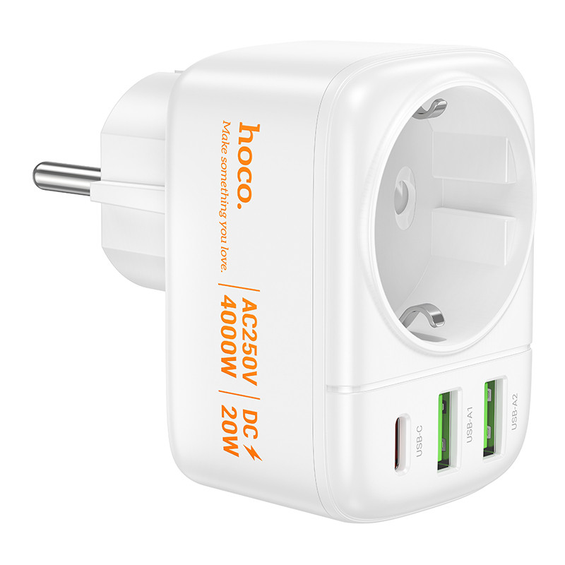 Фото СЗУ Hoco AC26 Changer Outlet Extender 20W (2USB-A/1C/1Socket) (White) на vchehle.ua