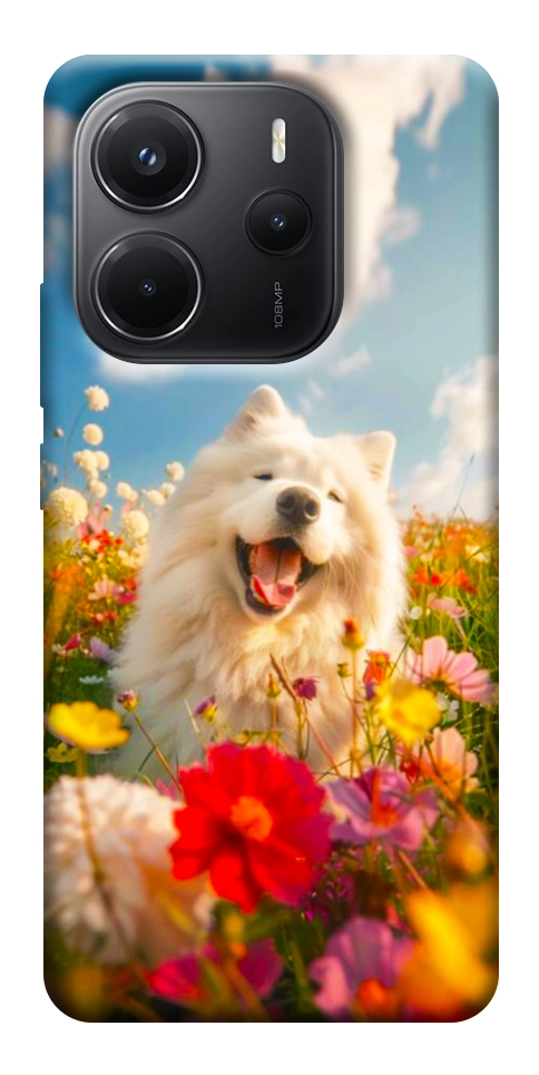 Чехол Happy dog in flowers для Xiaomi Redmi Note 14 4G (Europe version)