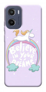Чехол Believe in your dreams unicorn для Motorola Moto E15