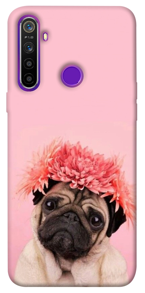 Чехол Мопс с цветами для Realme 5