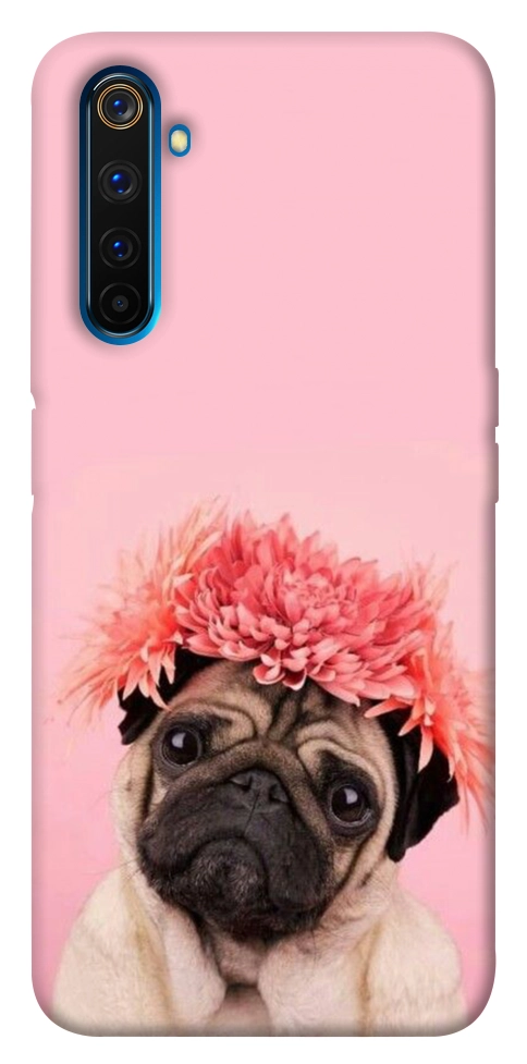 Чехол Мопс с цветами для Realme 6 Pro