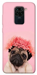 Чохол Мопс із квітами для Xiaomi Redmi Note 9