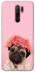 Чехол Мопс с цветами для Xiaomi Redmi 9