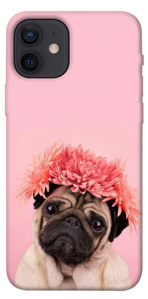 Чехол Мопс с цветами для iPhone 12