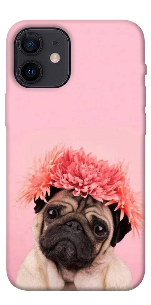 Чохол Мопс із квітами для iPhone 12 mini