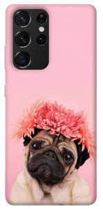 Чехол Мопс с цветами для Galaxy S21 Ultra