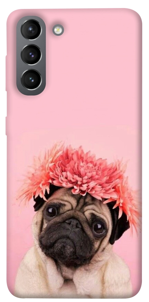 Чехол Мопс с цветами для Galaxy S21