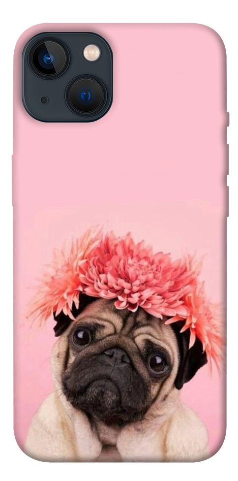 Чехол Мопс с цветами для iPhone 13