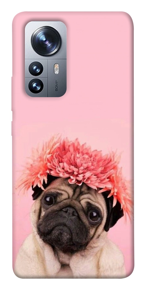 Чехол Мопс с цветами для Xiaomi 12