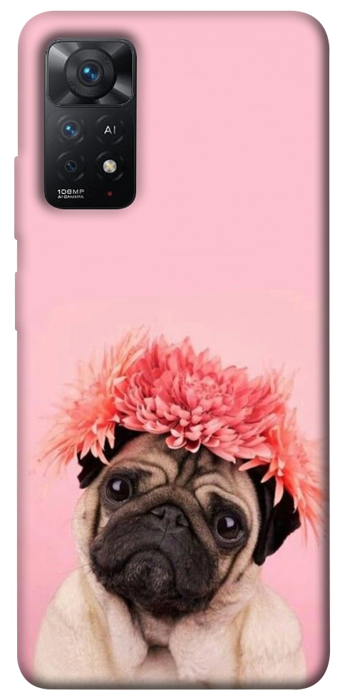 Чехол Мопс с цветами для Xiaomi Redmi Note 11 Pro 5G