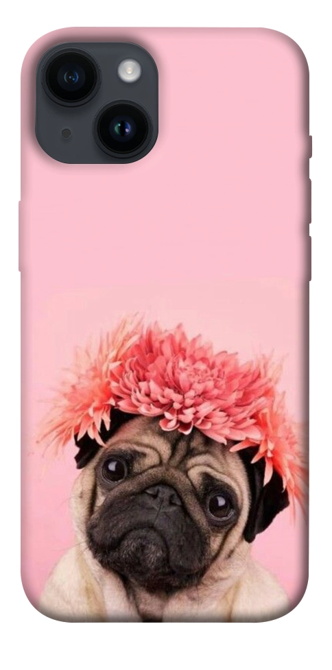 Чехол Мопс с цветами для iPhone 14