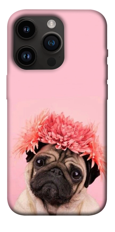 Чехол Мопс с цветами для iPhone 14 Pro