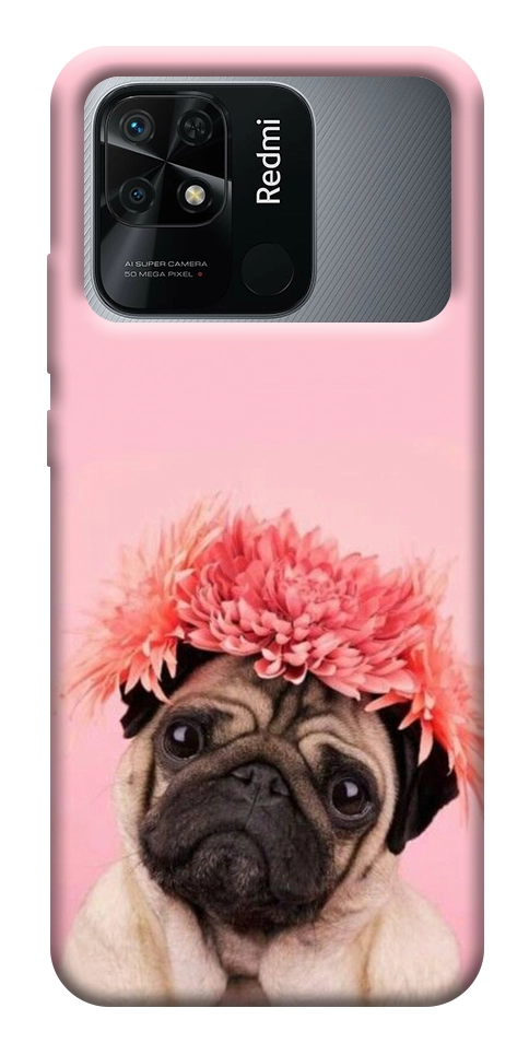 Чехол Мопс с цветами для Xiaomi Redmi 10C