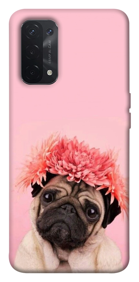 Чехол Мопс с цветами для Oppo A74 5G