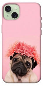 Чохол Мопс із квітами для iPhone 15 Plus