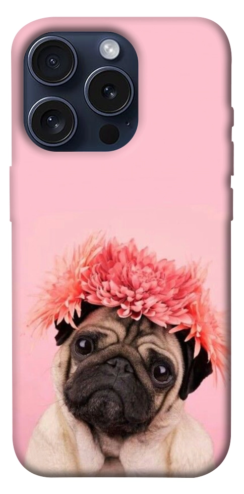 Чехол Мопс с цветами для iPhone 15 Pro