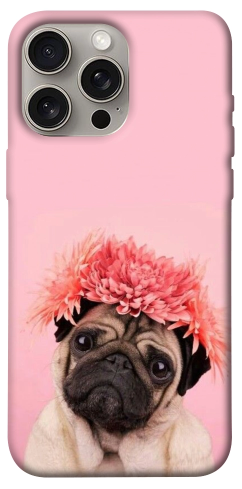 Чехол Мопс с цветами для iPhone 15 Pro Max