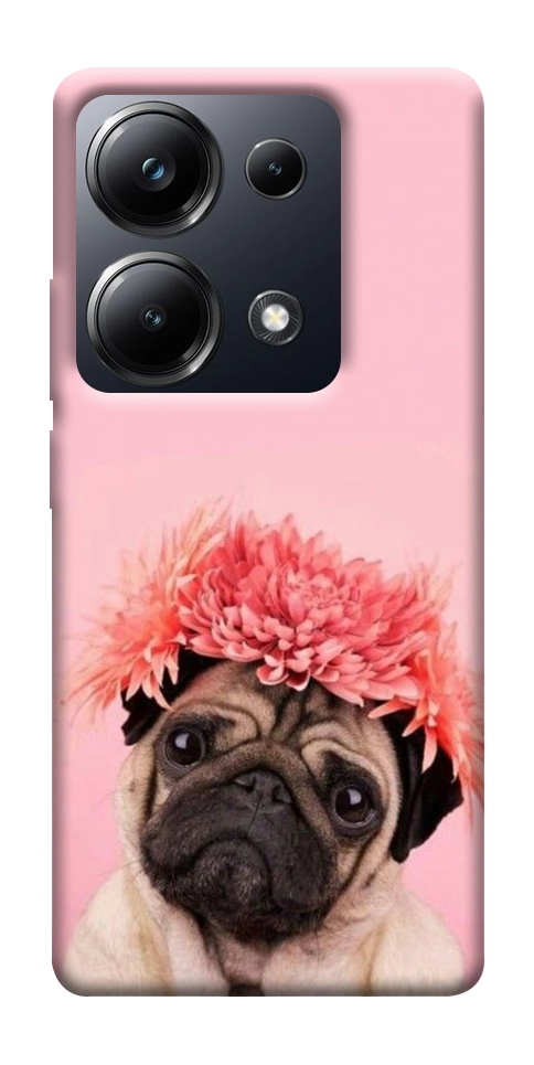 Чехол Мопс с цветами для Xiaomi Poco M6