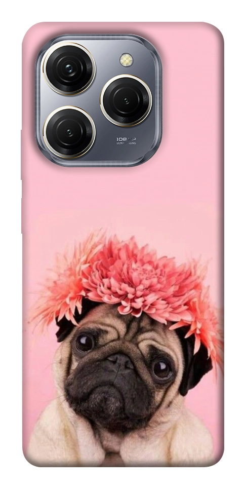 Чехол Мопс с цветами для TECNO Spark 20 Pro