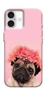Чехол Мопс с цветами для iPhone 16