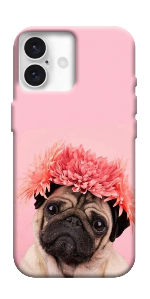 Чехол Мопс с цветами для iPhone 16 Plus