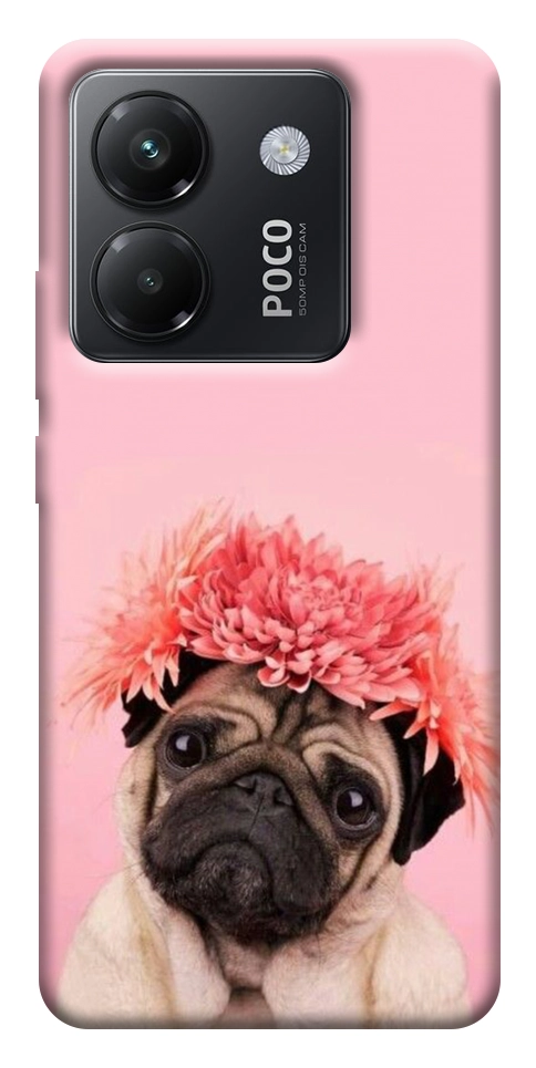 Чехол Мопс с цветами для Xiaomi Poco M7 Pro 5G