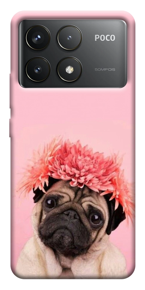 Чохол Мопс із квітами для Xiaomi Poco F6 Pro