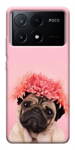 Чехол Мопс с цветами для Xiaomi Poco X6 Pro