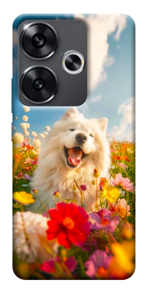 Чохол Happy dog in flowers для Xiaomi Poco F6
