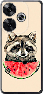 Чехол для Xiaomi Poco F6 Енотик с арбузом (Серый)