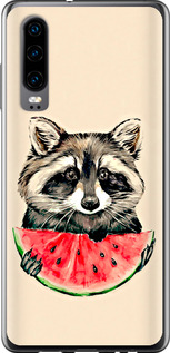 Чехол для Huawei P30 Енотик с арбузом (Серый)