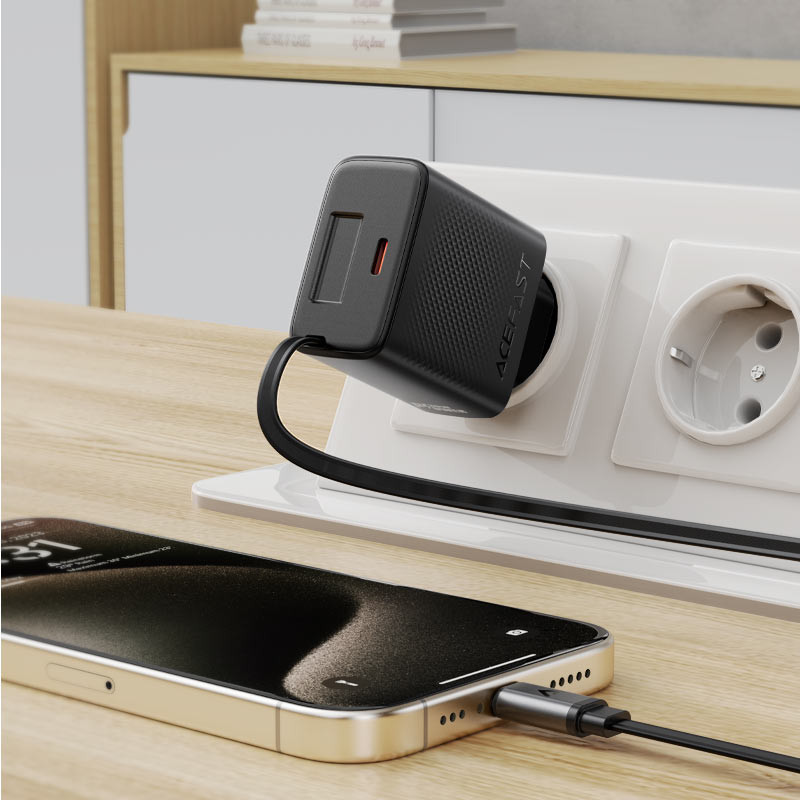 Купить СЗУ Acefast A110 GaN With Retractable Cable Type-C PD30W (1USB-C) (Black) на vchehle.ua